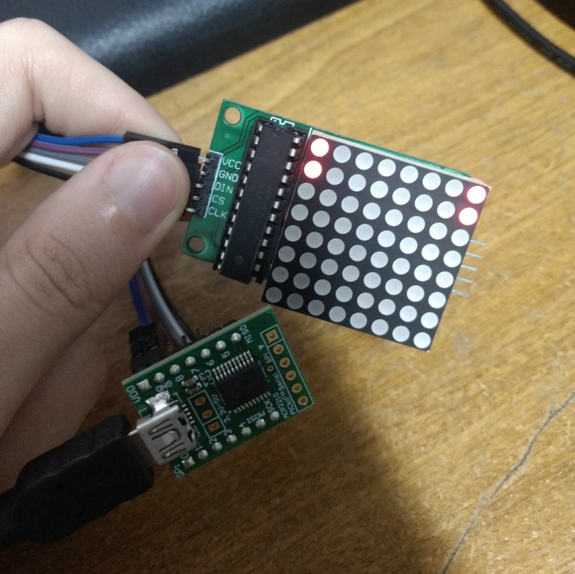USB-to-SPI and LED matrix modules connected. Some LEDs are on showing it's working.